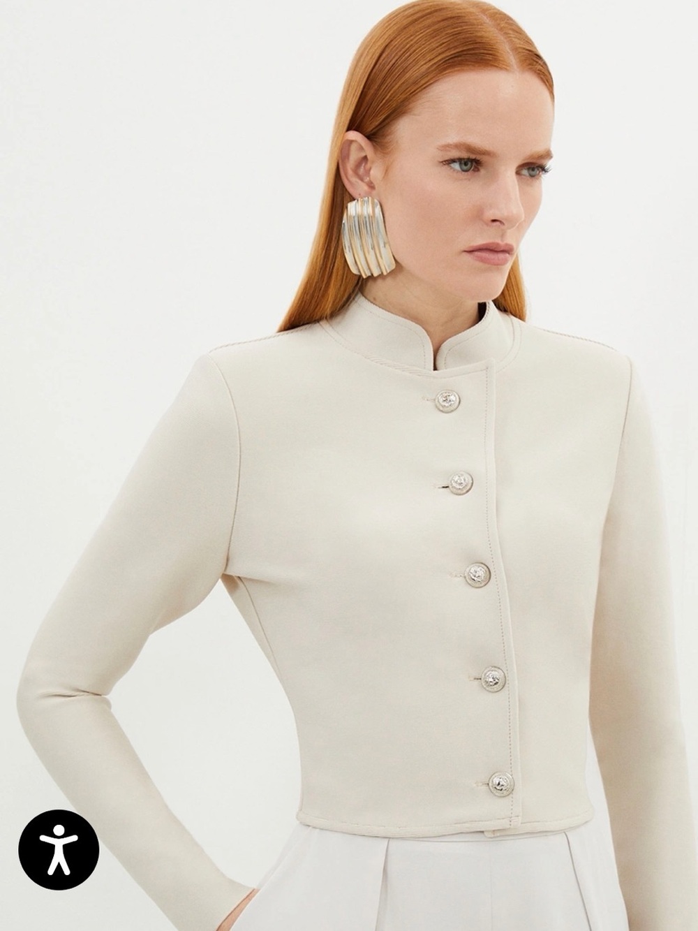 Karen Millen Cream Cropped Stand-Collar Jacket figure Form Bandage ButtonUp knit